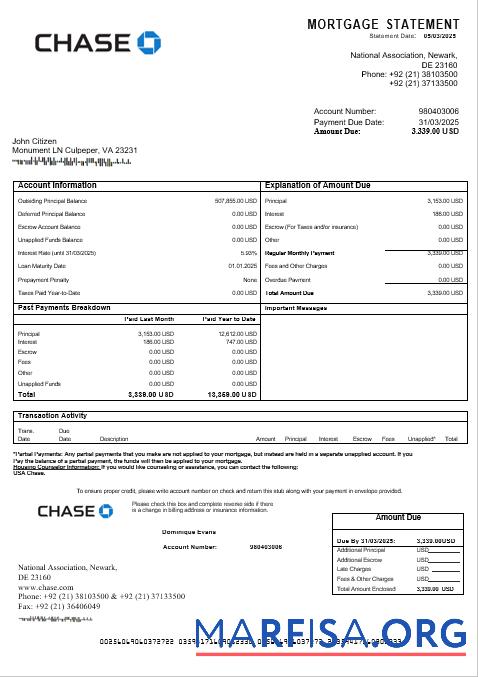 Downloadable USA Chase mortgage statement in Word and PDF formats sample